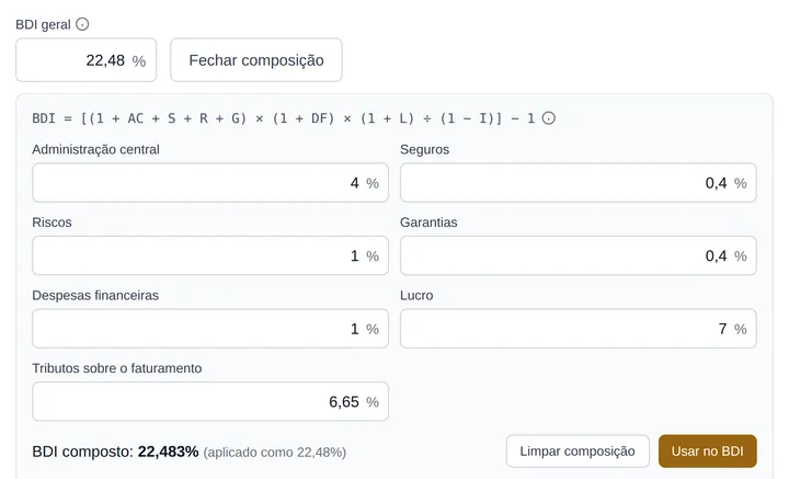 Composição do BDI pela fórmula do TCU, com as parcelas e o resultado de 22,48%.