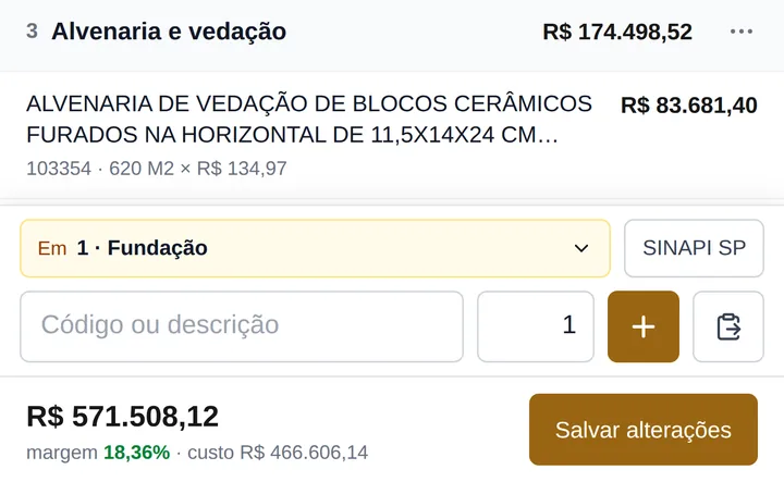 Editor de proposta: item do SINAPI com código, descrição, unidade e preço, e o rodapé com total, margem e custo.