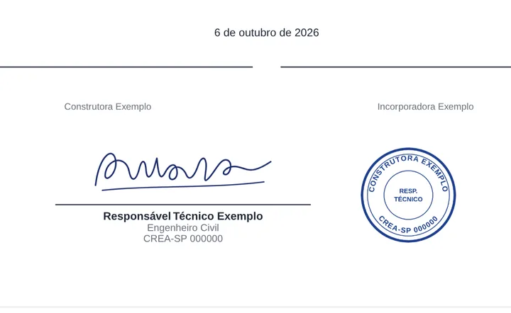 Última página do PDF da proposta, com a assinatura e o carimbo do responsável técnico de uma empresa fictícia.